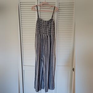 GAP Blue and White Striped Smocked Strap Linen Jumpsuit